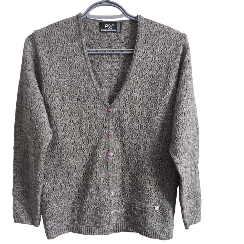 Volga Grey Button Down Pointelle Knit Cardigan Size Medium